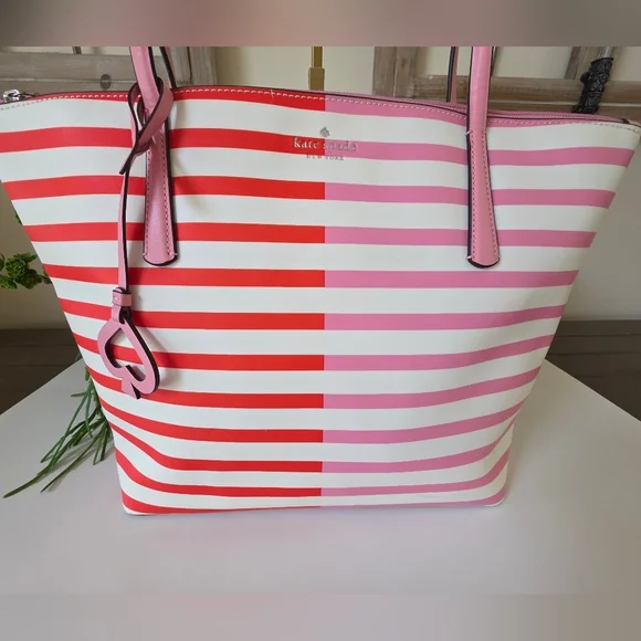 Kate Spade New York Zina Large Tote Pink - Red Stripe Spade Charm - Picture 2 of 16